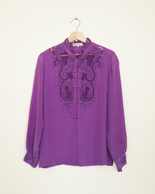 Embroidered Violet Silk Blouse