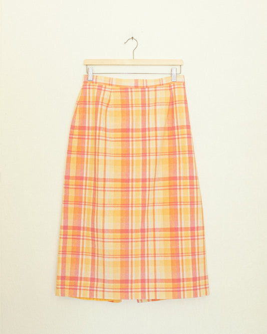 Coral Plaid Linen Skirt