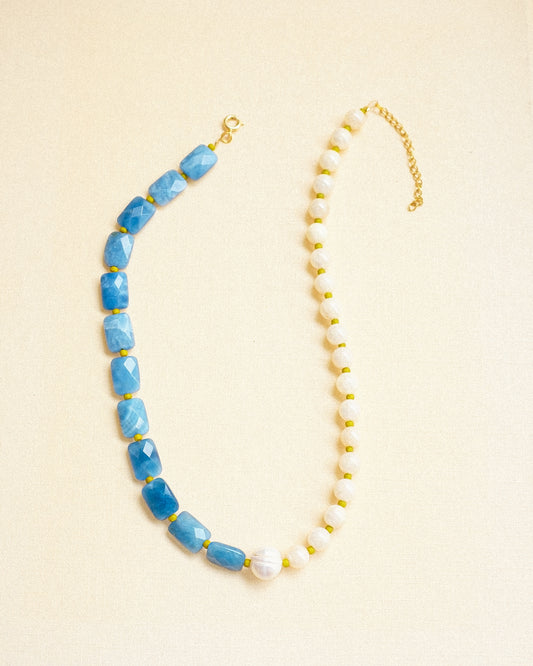 Denim Quartz + Pearl Necklace