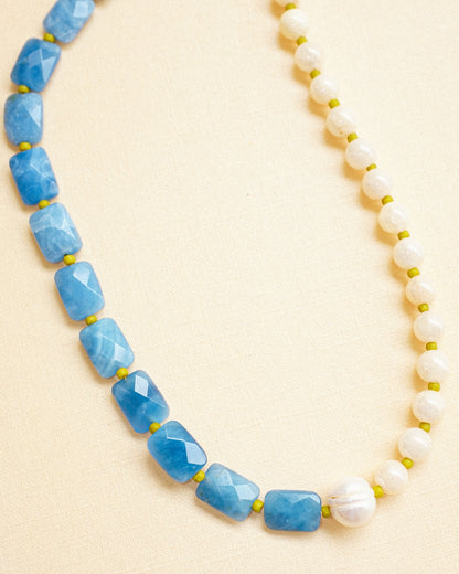 Denim Quartz + Pearl Necklace