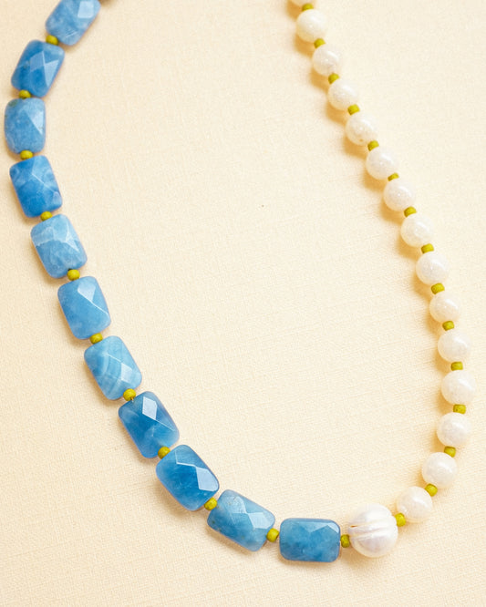 Denim Quartz + Pearl Necklace