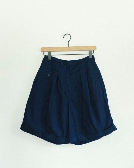 Pleated Navy Shorts