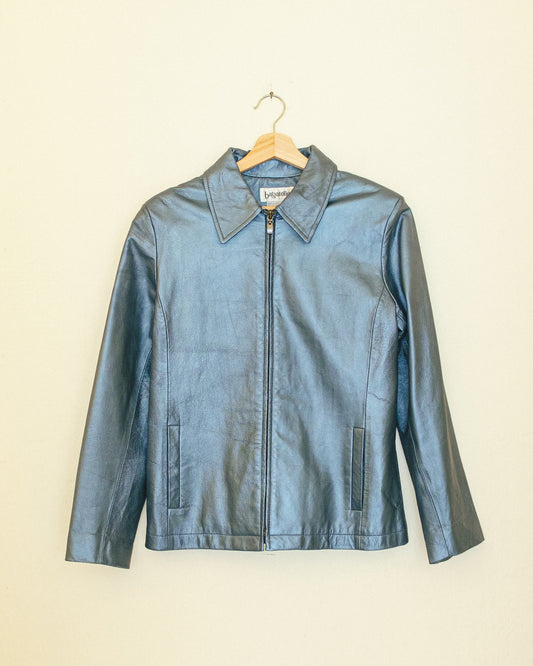 Metallic Blue Leather Jacket