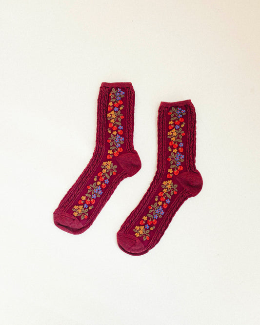 Strawberry Garden Socks - Burgundy