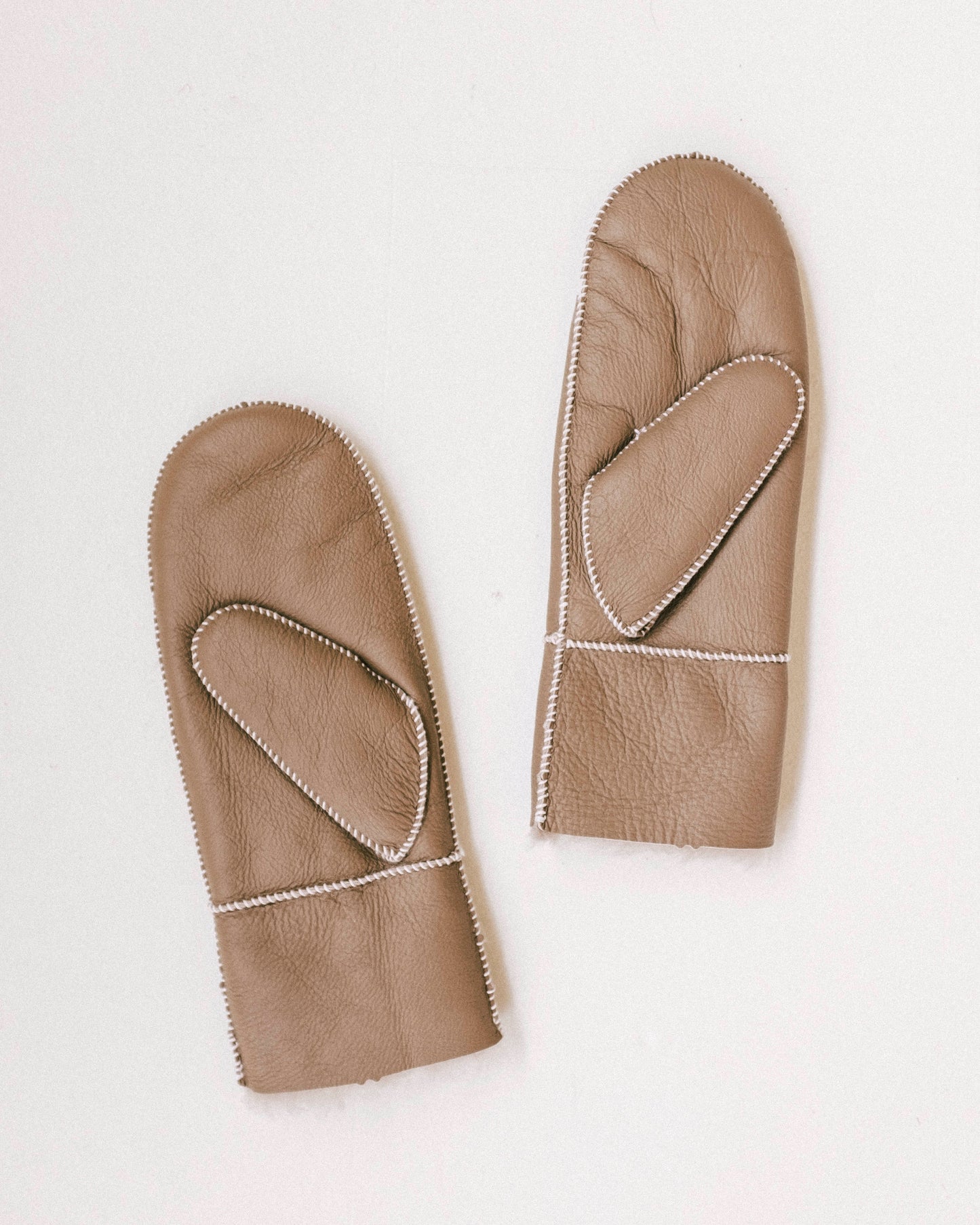 Stitched Shearling Mittens - Cookie