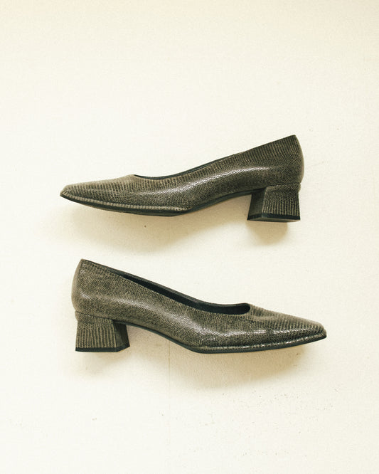 Square Toe Snakeskin Heels 6.5