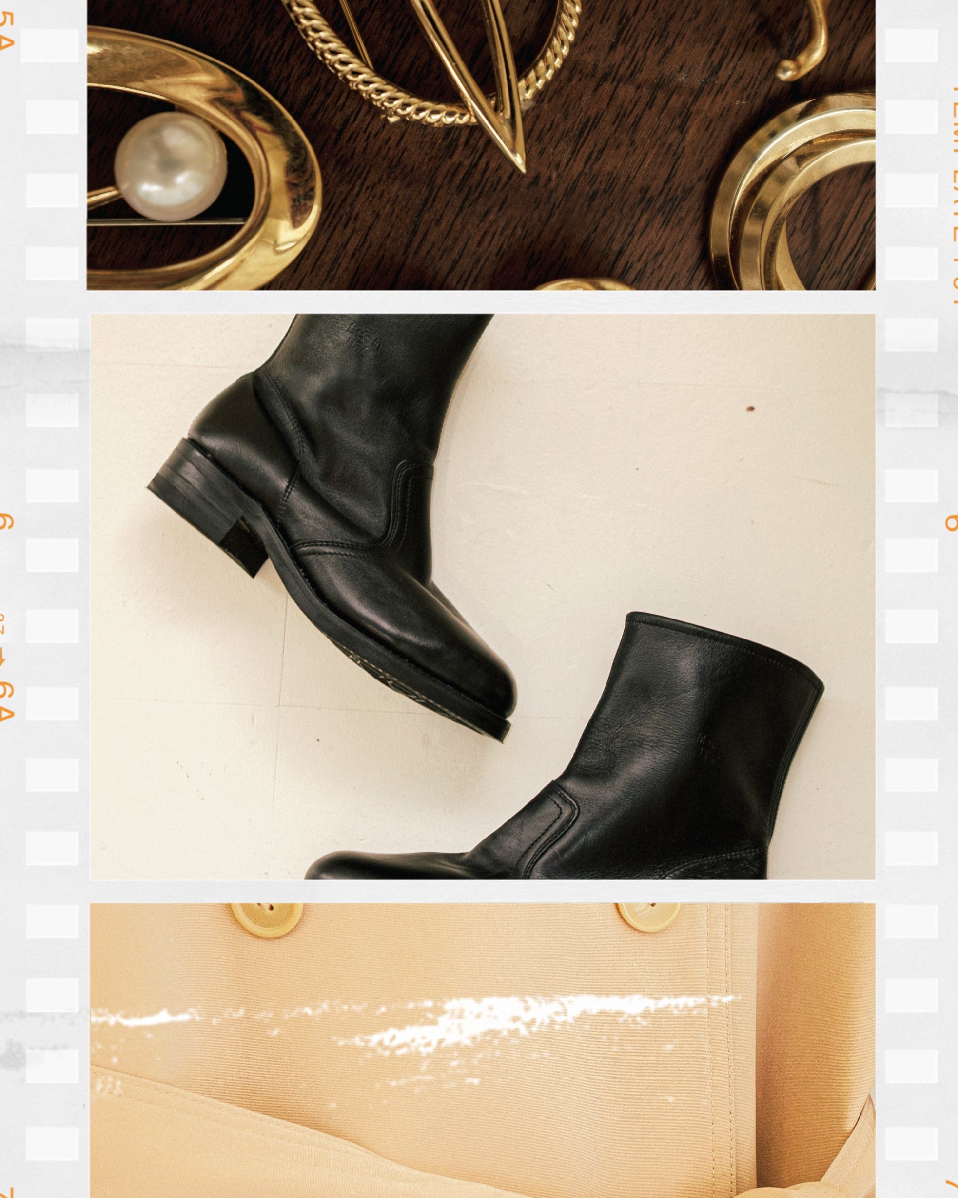 vintage black leather boots, vintage brooches, and a vintage trench coat 
